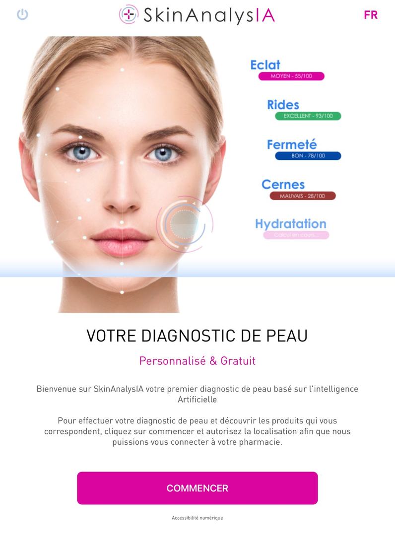 Interface de l'application SkinAnalysIA : diagnostic de peau avec scores éclat, rides, fermeté, cernes et hydratation